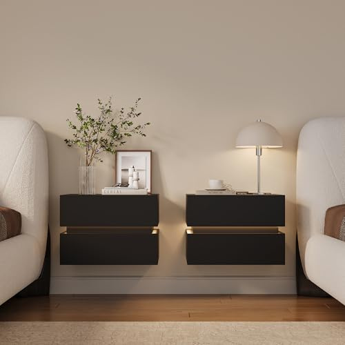Homary Nachttisch 2er Set Schwebender Nachttisch mit 2 Schubladen, Lumio Nachttisch wandmontage mit LED-Beleuchtung und Ladestation, ideal als nachttisch hängend im Schlafzimmer in Schwarz, 2er Set