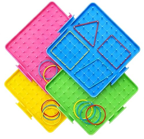 Geoboard with Rubber Bands, 4PCS Mathematical Manipulative Creative Geoboard Geo Boards for Shape Learning Pegboard Tool Geoboards Pegboard Toy Set Montessori Educational Gift for Learning