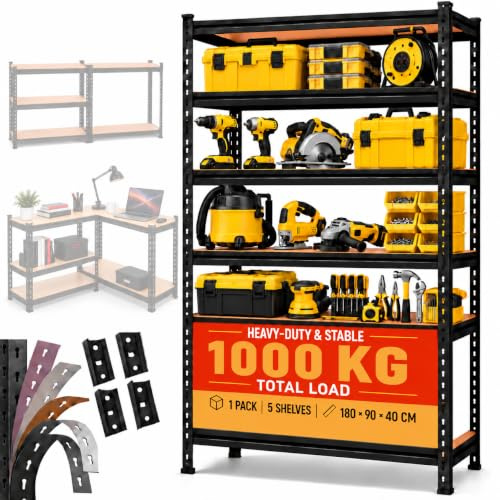 GHRoyalei Schwerlastregal Kellerregal1000KG (1,MDF-Böden, 90x40x183 cm) | Schwarzes Metallregal, höhenverstellbar, werkzeuglos montierbar; Lagerregal, Garagenregal, Werkstattregal oder Vorratsregal