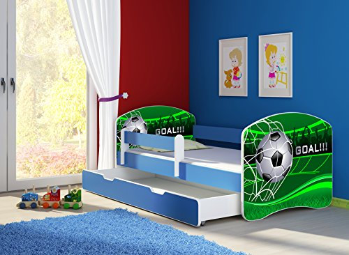 CLAMARO 'Fantasia Blau' 160 x 80 Kinderbett Set inkl. Matratze, Lattenrost und mit Bettkasten Schublade, mit verstellbarem Rausfallschutz und Kantenschutzleisten, Design: 14 Fußball Toor