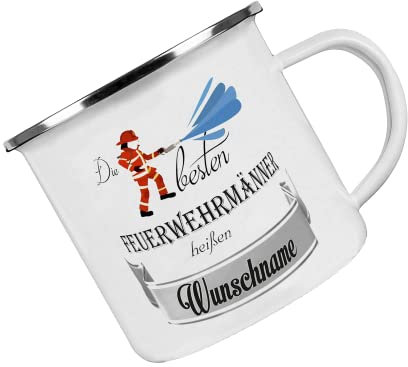 Crealuxe Emaille Tasse personalisiert 'Die besten Feuerwehrmänner heißen', Becher mit Name und Spruch, Camping Tasse