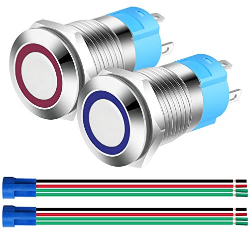 Gebildet 2pcs 12mm Momentan Drucktasten,Edelstahl Kurzzeitiger 12V-24V 3A LED Normalerweise Offen SPST ON Off Wasserdichter Taste mit Steckdose Stecker (Blau+Rot)