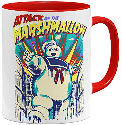 OM3® Ghost Marshmallow Attack Kaffee-Tasse mit Retro Motiv - Comic Style - Keramik Becher - 325ml - Beidseitig Bedruckt - Rot