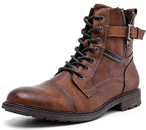 AMAPO Oxford-Stiefel für Herren, mit Schnalle, lässige Herrenstiefel, Schnürschuh, seitlicher Reißverschluss, Braun 20707, 47 EU