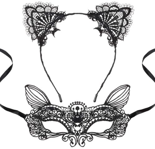 Katzenohren Haarreif und Katzenmaske für Frauen Maskerade Masken Katzenkostüm Damen Zubehör Make Up Party Favors
