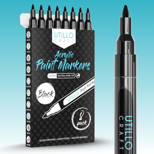 Black Paint Pen (8-Pack) Extra Fine Tip Made in Japan | Bold Color+100% Coverage | For Rock, Wood, Glass, Paper, Plastic, Metal, Canvas, etc. | 0.7mm Black Paint Markers | Acrylic Paint Pens