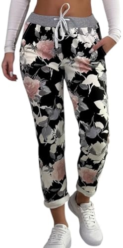 Mississhop 287 Damen Hose Cargohose Blumen Sweatpants Jogginghose Baumwolle Freizeithose Boyfriend Modell 2 Schwarz