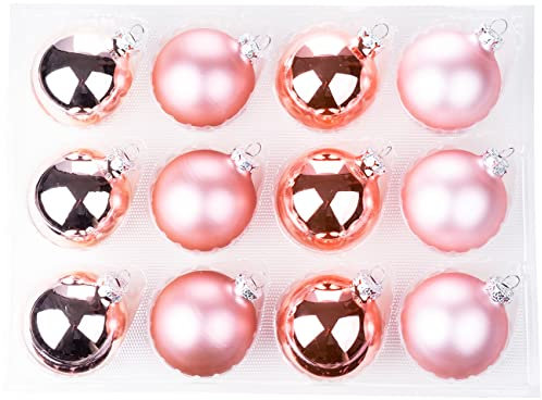 Thüringer Glasdesign Weihnachtskugeln 12 STK 6cm | Christbaumkugeln aus Glas | Made in Germany (Shiny Rose | Rosegold rosa)