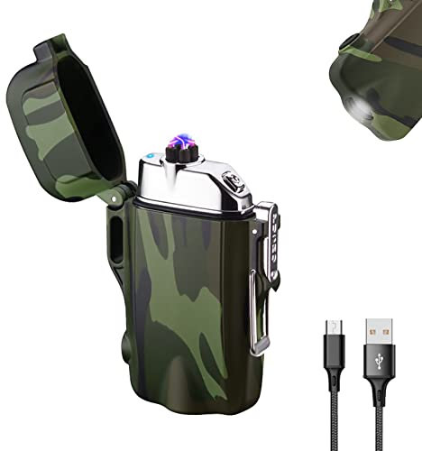 Winddichtes Wasserdichtes Feuerzeug Doppelbogenfeuerzeug mit LED-Taschenlampe, Wiederaufladbares USB Flammenloses Plasma Feuerzeugs (Camouflage)