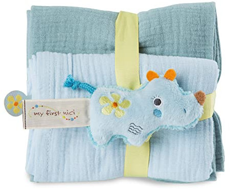 NICI Set Nashorn Manuffi: 2X weiches Mulltuch 60x60 cm + 1x Flauschiger Baby-Greifling 9 cm – Schmusetücher & Baby-Kuscheltier ab 0+ Monaten – Schnuffeltuch/Schmusetier für Mädchen & Jungen, 48046