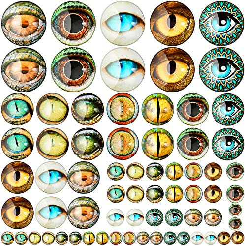 Zomiboo 70 Pcs 40/25/16/8 mm Large Animal Glass Eye Round Cabochon Eyes Half Round Dragon Eyes Mixed Printed Round Eyes 4 Sizes Mini Animal Eye Cabochons for Art Doll Props DIY Jewelry Making (Modern)