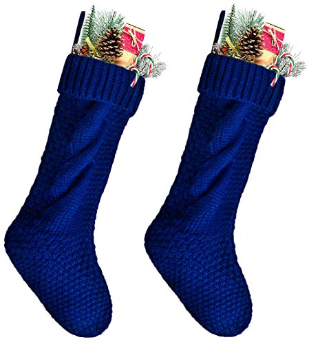 Kunyida Weihnachtsstrümpfe, 45,7 cm, blaue Zopfstrickstrümpfe für Weihnachtsdekoration, 2 Stück