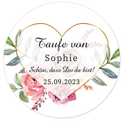 50 PERSONALISIERT 40mm Blume Aufkleber zur Taufe/Geburtstag/Kommunion Sticker Siegel - Schön, dass du da bist! Gastgeschenke Tüten Aufkleber für Hochzeit,Verlobung,Konfirmation - Rd 064 (005)