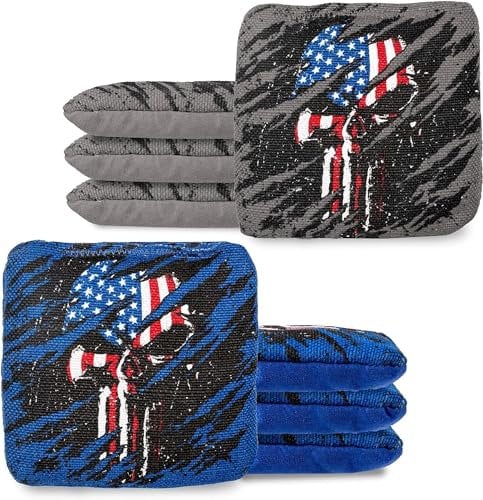 Play Platoon Turnier-Serie Cornhole Bags – Pro Style doppelseitige glatte und klebrige Seite Cornhole Bags für jeden Profi, entworfen in den USA, 4 blaue und 4 graue Totenköpfe mit amerikanischer