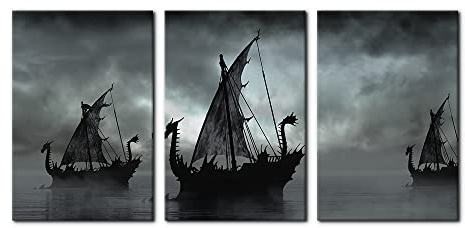 Pacimo Schwarz Weiß Bild Wanddeko Wikinger Schiff Fantasy Segelboot Bilder für Wohnzimmer 3 Paneele Drache moderne Leinwand Wandkunst gerahmte Poster Drucke direkt zum Aufhängen