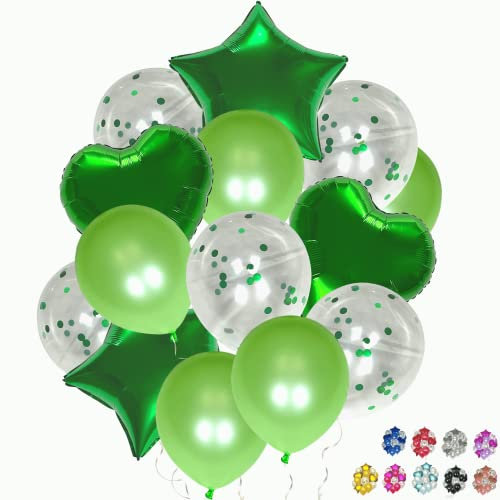 14 grüne Geburtstagsballons in Stern und Herzform aus Aluminium 45cm und Luftballons mit Konfetti und Metallic-Optik 30cm Luftballons für Geburtstag, Kinderparty, Hochzeit, Jahrestag, Abschlussfeier