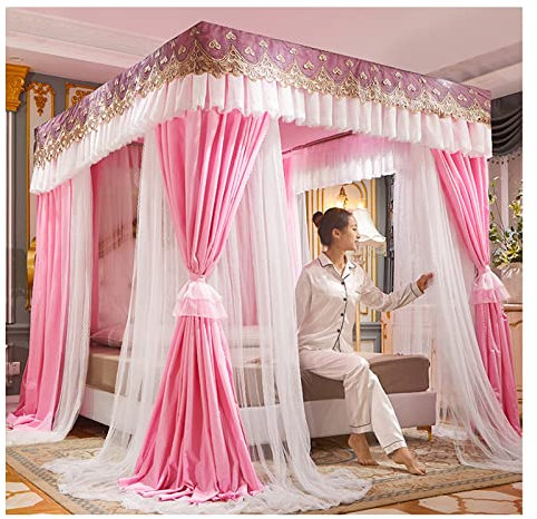 Betthimmel Rosa Deluxe Betthimmel Vorhang for Erwachsene Mädchen Schlafzimmer, Bodenstehender Doppelbettvorhang, Geeignet for Einzeldoppelbett, Halterung (Color : Pink, S