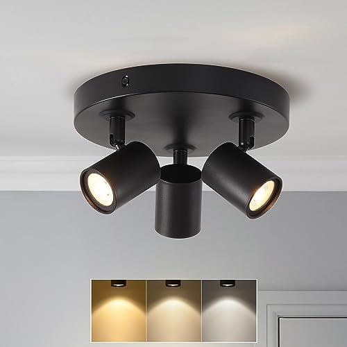 ANWIO 15W Lampara Techo Focos, 3 Focos Led Interior Techo, Apliques Techo Focos Negro, Base Redonda, Giratorios Plafón Foco de Techo LED(Bombillas Incluidas).(EUCS-LG11A)