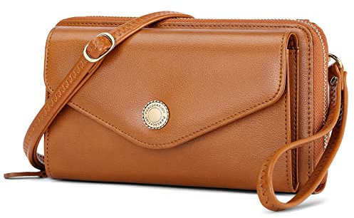 Peacocktion Damen Umhängetasche, Kleine Crossbody Taschen Schultertasche, Handgelenkstaschen Geldbörse mit Crossbody und Handgelenk 2 Riemen, Handytasche zum Umhängen mit RFID Kartenhalter, 06-Braun