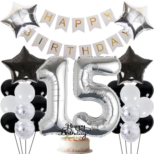 Luftballon 15 Geburtstag Party Deko Set - Happy Birthday Girlande, Konfetti, Latex Luftballons, Tortendeko für Junge Mädchen