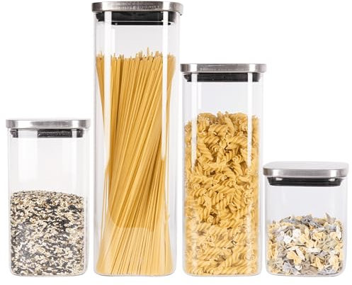 Eden & Willow Square Glass Food Storage Jar with Stainless Steel Lid | Glass Food Storage Containers | Kitchen Jar for Pasta, Coffee | Airtight Kitchen Organiser (Set of 4 Sizes)