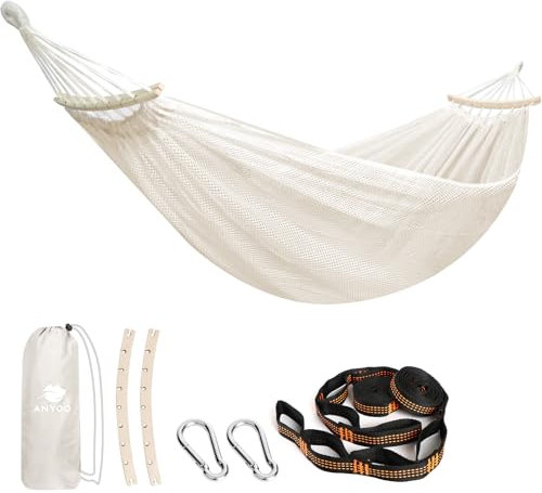Anyoo Hamaca Grande de Malla con Barras de Separación, 320 x 150 cm, Hamaca Fresca y Transpirable con Kit de Correas para Árboles para Jardín Exterior/Interior, Camping, Balcón, Patio