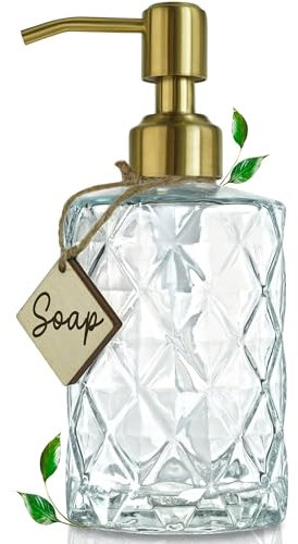 JASAI Diamond Design Seifenspender aus Glas mit goldener Pumpe, nachfüllbarer Handseifenspender für Küche, Seifenspender Badezimmer für Seife, Handseife, Spülseife, Lotion.