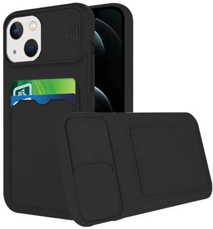 Compatible avec Coque iPhone 13 Antichoc avec Porte Carte, Etui iPhone 13 Silicone avec Protection Cache Camera Coulissant Coque de Telephone Ultra Fine Housse (Noir)