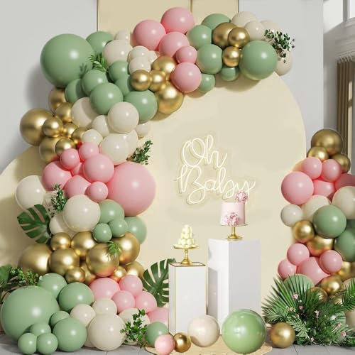 Kit Arco Palloncini Verdi Rosa, 132 Pz Kit Palloncini Compleanno Verde Salvia Rosa Pastello, Ghirlanda Palloncini Verde Oliva Per Decorazioni Compleanno Matrimonio Comunione Battesimo Bambino