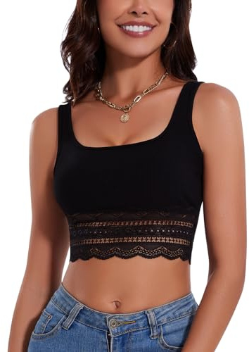 WOWENY Crop Tank Top Mujer Verano Cuello Cuadrado con Encaje Sexy Sin Mangas Acanalado Parte Superior Abdomen Top de Encaje Camiseta de Verano