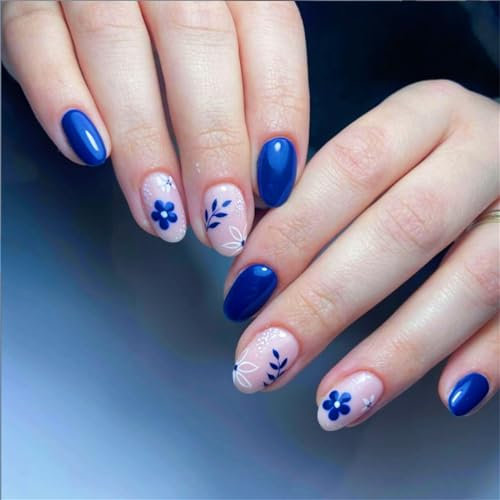 Lot de 24 faux ongles ovales courts à presser pour femme et fille Motif fleurs Bleu brillant