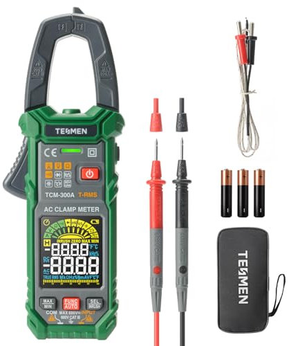 TESMEN TCM-300A Pinza Amperometrica con 6000 conteggi amperometro T-RMS multimetro a range automatico voltmetro con corrente AC tensione AC/DC NCV/filo attivo resistenza di inrush temperatura - Verde