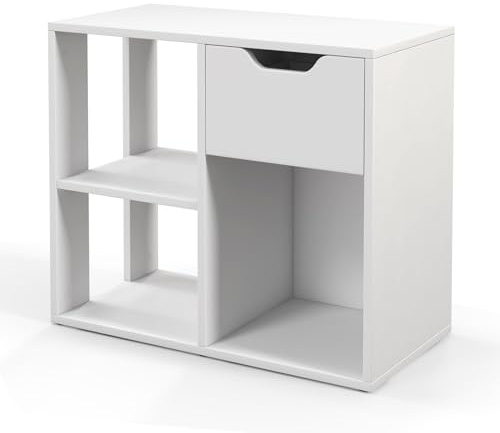 LIFEZEAL Beistellschrank Weiß, Sideboard mit Schublade, Bücherregal Aufbewahrungsregal mit 3 offenen Fächern, Beistelltisch für Kinderzimmer Wohnzimmer, 60 x 30 x 53 cm