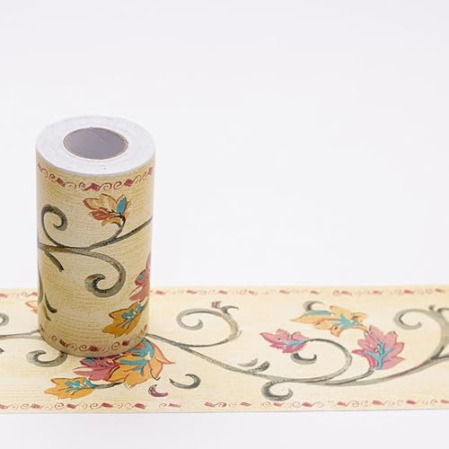 Jodimitty PVC Bordüre Selbstklebend 10 Meter x 10cm Blumenmuster Dekorative Wandbordüre Wasserdicht Taillenleiste Trim für Wohnzimmer Schlafzimmer (Gelbe Weinrebe Geblümt)