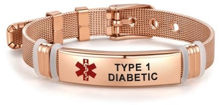 LSxAB Pulsera de identificación de alerta médica de oro rosa rojo para mujeres y hombres, de emergencia, primeros auxilios, alerta de salud, grabada con láser, acero satinado, pulsera ajustable, 25 cm