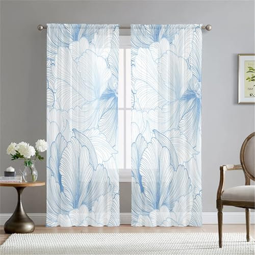 Hiseng Gardinen Vorhang Küche 2er Set Schmetterling Druck Voile Vorhänge Halbtransparent Schiebegardinen Moderne Voile Vorhang Gardine für Wohnzimmer Schlafzimmer Fenster (Feder,132x182cm)