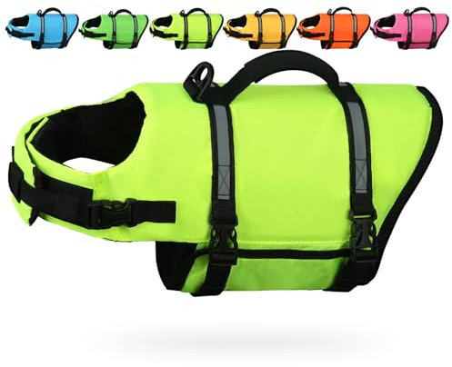 AMZNOVA Rip Stop Hundeschwimmweste, Schwimmweste Hund für Bootfahren, Auftrieb & Schwimmhilfe, Rettungsweste, XS, Leuchtend Gelb