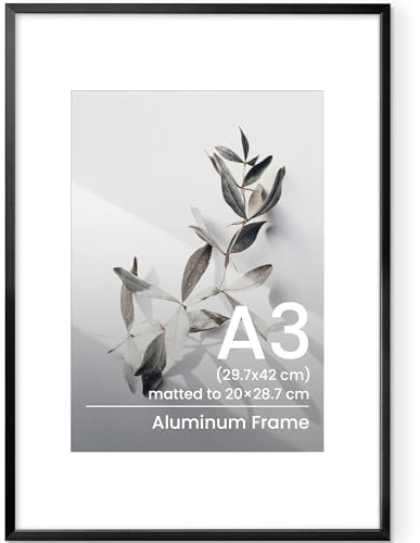 Feihorrm A3 Picture Frame, Black Aluminum Photo Frame W/ A4 Mount | Metal A3(30x42 cm) Frame with A4(21x29.7 cm) Mat for Poster Certificate with Tempered Glass, Wall Mountable or Freestanding