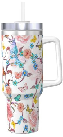 Romantische, ausgefallene Thermoskanne, Motiv: Blumen und Vögel, Schmetterling, isoliert, Edelstahl, 1,2 l