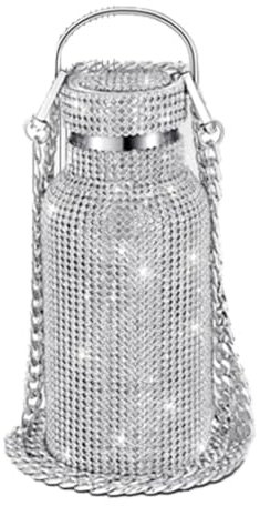 Blmirror Bling Wasserflasche Silber Strass Glitzer Flasche mit Kette Strassbesetzte Edelstahl Thermosflasche 350ml