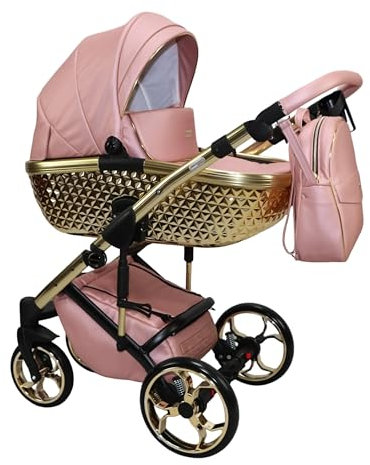 Passeggino Ritmo Trio BBtwin ecopelle con accenti dorati o argentati. Carrello 3 pezzi 3in1 eco-pelle completo di accessori. Rosa