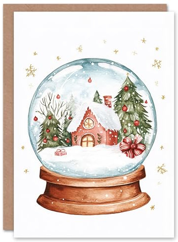 Artery8 Winter Cabin Decorated Trees Snow Globe Blank For Him Or Her Art Xmas Festive Christmas Card