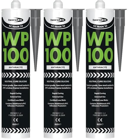 Bond It WP100 EU4 Premium Neutral Cure Oxime Silicone Sealant – 3x Anthracite, 380ml | High-Performance Silicone – Mould-Resistant – Permanently Flexible | Sealant for Building & Construction Joints