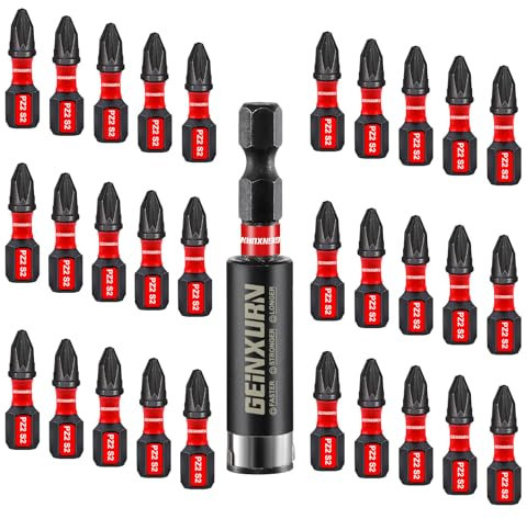 Geinxurn 30 Stück PZ2 Schrauber Bit Set, 25mm Länge #2 Pozidriv 1/4 zoll Sechskantschaft S2 Legierter Stahl Schlagfester Bitsatz mit 1 Stück 60mm Magnetische Bit-Halter