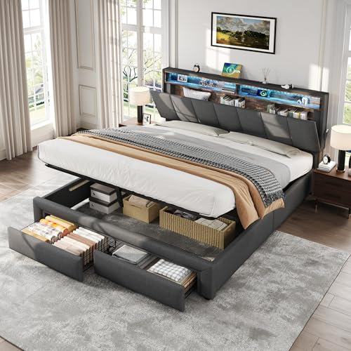 Upholstered Bed Frame with Hydraulic Lift & Drawers & Adjustable Concealed Storage Headboard, 5ft King Size Bed Frame with LED Lighting & Charging Station, Linen Functional Ottoman Storage Bed, Grey