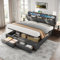 Upholstered Bed Frame with Hydraulic Lift & Drawers & Adjustable Concealed Storage Headboard, 5ft King Size Bed Frame with LED Lighting & Charging Station, Linen Functional Ottoman Storage Bed, Grey