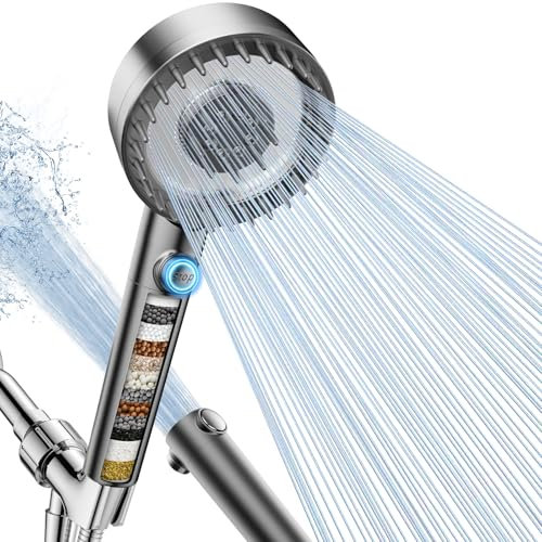 PWERAN Filtered Shower Head with Handheld, High Pressure 4 Spray Mode Showerhead with Filters, Water Softener Filter Beads for Hard Water with ON/Off Switch for Pets - Remove Chlorine (Gray)