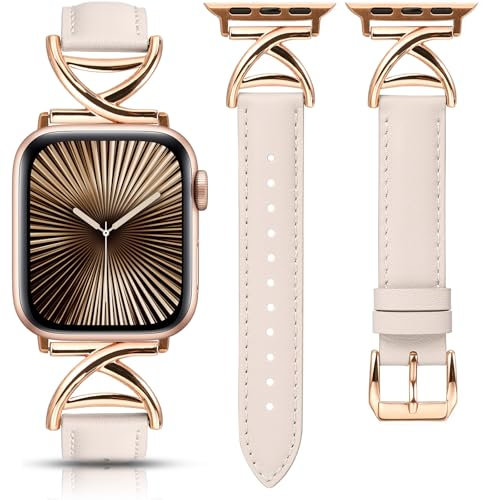 TOYOUTHS Leather Straps Compatible with Apple Watch Strap 38/40/41/42mm Women, Slim Dressy Soft Leather Bracelet with A-Shape Metal Buckle for iWatch 11 10 9 8 7 6 5 4 SE 3 2 1, Starlight/Rose Gold