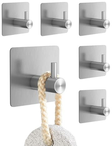 YLITREUS Ganci Adesivi da Parete 6 Pezzi Argento - Gancio per Asciugamani da Bagno e da Cucina in Acciaio Inossidabile, Gancio Autoadesivi Impermeabili Senza Foratura, Ganci Salvaspazio