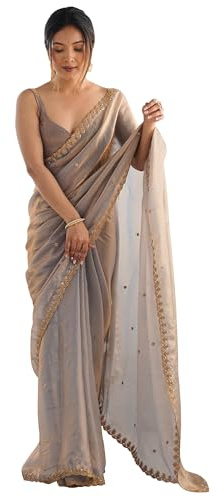 AKHILAM Women's Paper Silk Embroidered Saree With Unstitched Blouse Piece